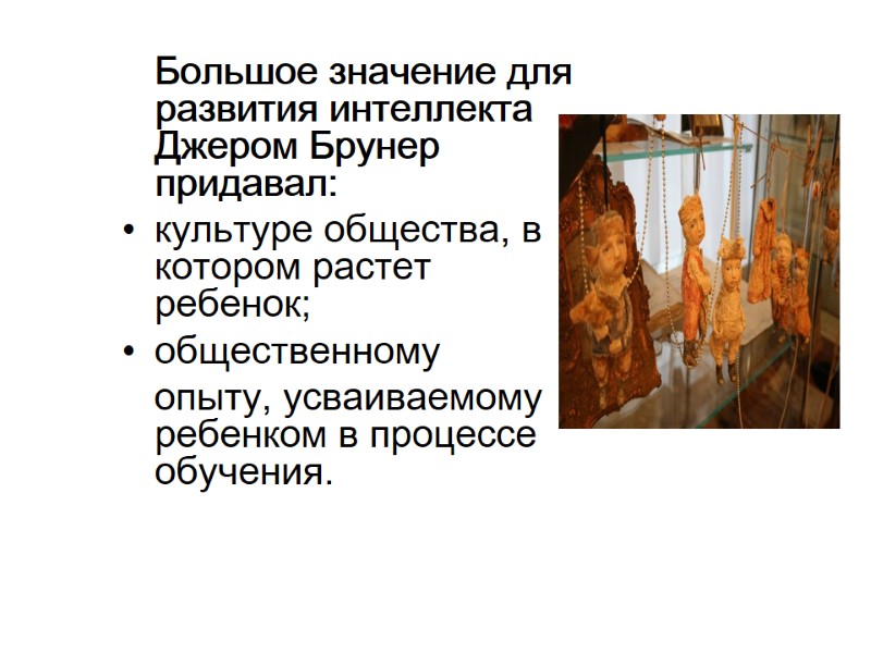 Большое значение для развития интеллекта Джером Брунер придавал: культуре общества, в котором растет ребенок;